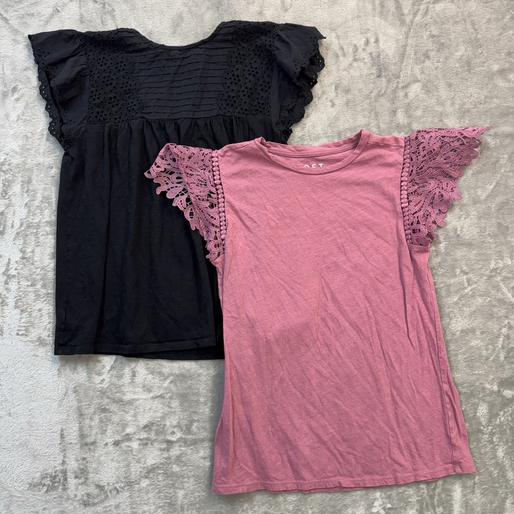Lot of 2 Loft Blouse Women XS Black Pink Short Sleeve Casual Office 100% Cotton